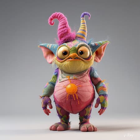 Whimsical character design with creative, expressive, and detailed features. The character is colorful with stylized anatomy, reflecting a high-quality digital art style. Utilizing both Adobe Photoshop and 3D Studio Max with V-Ray, the design is unique and playful, capturing an award-winning fantastical essence. Presented against a plain, simple background, the character's form is slightly deformed, enhancing the playful and fantastical nature.