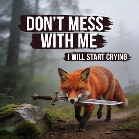Photorealistic image of an angry red fox, full body, holding a medieval sword in its mouth, walking on a mossy rock and dirt path. The fox is in the foreground, slightly angled towards the viewer, with intense eyes. The background is a misty forest, blurred, with muted greens and grays. Overcast lighting, creating a soft, diffused mood. Earthy tones dominate, with vibrant orange fur on the fox contrasting with the muted background. Text overlay: "DON'T MESS WITH ME" in large white bold font, and "I WILL START CRYING" in smaller white bold font, both with a dark brushstroke background. Detailed fur texture, naturalistic environment.