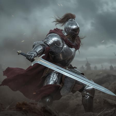 A medieval knight in dynamic motion, wielding a gleaming long sword with precision. Clad in intricately detailed, full-body armor that reflects the light, he stands poised amidst a rugged battlefield. His expression is fierce and determined, showcasing a deep commitment to honor and valor. The ultra-realistic portrayal captures the texture and luster of his armor, highlighting each dent and scratch from previous battles. The scene conveys a sense of intense focus and strength, set against a backdrop of rolling mist and distant, shadowy figures.