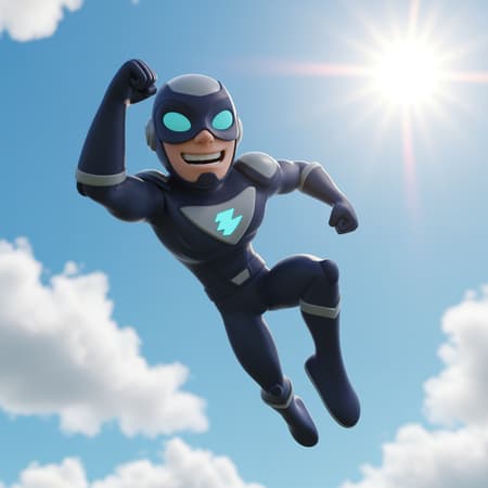 Cartoon Image Depicting Artwork A vibrant and colorful 3D cartoon image depicting a superhero in a dynamic action pose, set against a bright and sunny sky. The superhero is adorned in a detailed and sleek costume, incorporating bold colors and intricate designs, reflecting a Pixar-style cinematic flair. The scene captures a sense of motion and energy, with exaggerated elements that emphasize the character's larger-than-life presence. Featuring a balance of light and shadow, the image conveys a cheerful and adventurous atmosphere, inviting viewers into an animated world full of possibility and heroism.