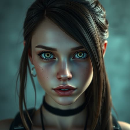A single girl resembling Jill Valentine from Resident Evil 3 Remake, depicted in a Redshift style with a flawless face, intricate and elegant features, highly detailed, and trending on ArtStation, inspired by the artistry of Tom Bagshaw and Seb McKinnon. Captured in a 150mm portrait with a cinematic photography approach using Octane Render. Photographed with a Hasselblad H3DII, the image showcases an extremely detailed face with unique imperfections, including a distinct eye and stylized, slightly deformed features in a CGI and cartoon-like manner, adding a creative twist while maintaining the essence of the character.