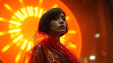 A mysterious brunette stands before a radiant amber glow, her glossy translucent futuristic raincoat catching the light, hair cut stylishly short, enveloped in rich volumetric lighting, framed at a dramatic cinematic angle, exuding a sense of vibrant glamour. A mysterious brunette stands before a radiant amber glow, her glossy translucent futuristic raincoat catching the light, hair cut stylishly short, enveloped in rich volumetric lighting, framed at a dramatic cinematic angle, exuding a sense of vibrant glamour.