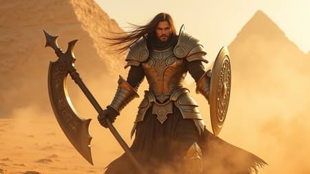 A powerful vampire knight inspired by Arthas from WarCraft stands amidst the sun-soaked sands of Egypt, gripping a menacing war scythe. His intricately carved full-plate armor gleams under the harsh sunlight, every detail exquisitely etched with ancient symbols. The helmet lacks a visor, revealing long, flowing hair that flutters in the warm breeze. His sharp fangs are visible as he launches a ferocious attack, exuding an aura of both dark fantasy and epic grandeur. The scene is captured with cinematic lighting, lending a hyper-realistic, photographic quality to the moment. Despite the bright setting, an air of foreboding clings to him, a creature of the night striking with unmatched precision and power.