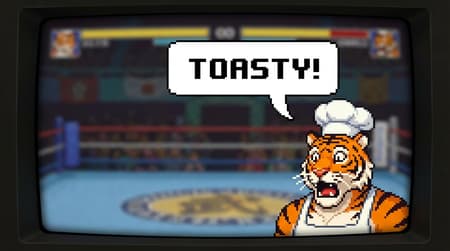 the pixely Mortal Kombat "TOASTY!" man, except it's an anthropomorphic tiger man instead of a human