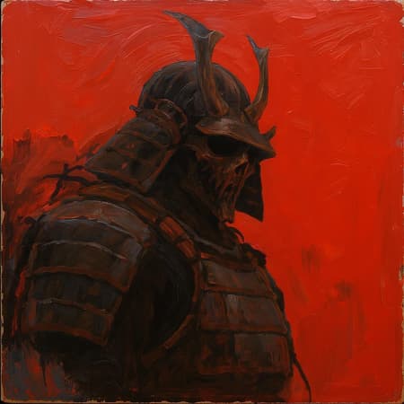 A foreboding figure looms, partially obscured by shadow, set against an intense, fiery red background. The figure is clad in armor reminiscent of a samurai, with visible segmented plating on the shoulders and upper arms. Dominating the scene is a chilling mask, adorned with small horns and empty eye sockets, imparting a sinister and otherworldly visage. The mask and armor are depicted in deep, shadowy grays and blacks, creating a stark contrast against the vibrant red backdrop. The painting, possibly acrylic or gouache on paper or board, features visible brushstrokes and a textured application of paint, particularly in the bold red background. The lighting is dramatic, with the red backdrop providing a sharp counterpoint to the enigmatic figure. The composition is tightly cropped, focusing on the upper body of the figure, enhancing its intimidating presence. Subtle alterations add to the sense of intrigue, maintaining the essence of menace and mystery.