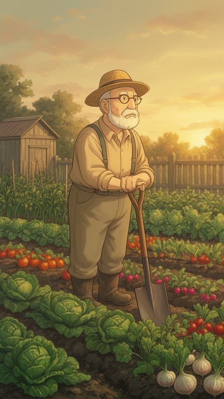 Full body portrait of an elderly male gardener with a bald head, white beard, straw hat, and glasses, leaning on a shovel in a vibrant vegetable garden. He wears a light tan shirt, khaki suspender pants, and work boots, looking thoughtfully to the right. The art style is a painterly digital illustration with visible brushstrokes, reminiscent of Studio Ghibli. Warm, soft golden hour lighting from the right casts long shadows, creating a serene and nostalgic mood. The color palette features earthy greens, browns, and tans, with pops of red and orange from the vegetables, all bathed in the warm glow of the setting sun. A rustic wooden fence and a small garden shed are in the background. Abundant rows of various vegetables, including cabbage, radishes, tomatoes, and onions, fill the foreground and midground.