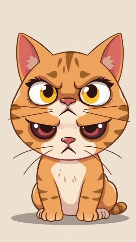 Adorable cartoon cat with a grumpy expression gazing directly at the viewer in a whimsical vector style, with oversized eyes and playful features adding a touch of humor to its cute yet disgruntled appearance.