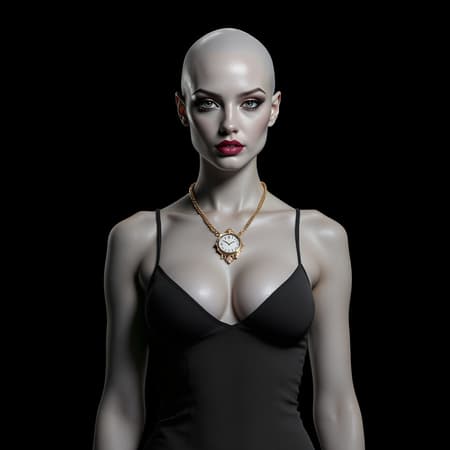 A full-body 3D render of a bald woman standing against a black background, wearing an ornate gold watch as a pendant around her neck; cinematic lighting accentuates the scene, showcasing hyper-realistic detail and texture, cinematic feel with subtle creative elements like hints of softly glistening skin and delicate shadows, ratio 9:16.