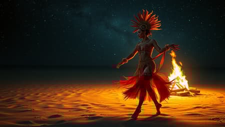 A mesmerizing photograph taken by a photography genius captures a dancer adorned in vibrant feathers and intricate jewelry, gracefully moving at night on a secluded beach lit by a roaring fire. The scene, illuminated with a mastery akin to Emmanuel Lubezki and Antonio J. Manzanedo's style, echoes the timeless allure of Alberto Vargas. The dancer's form is accentuated by the realistic depiction of light, merging with luminous pointillism to cast ethereal reflections on the sand. Influences of Mark Simonetti and the imaginative flair of The Stars Art Group are evident, with a touch of Sultan Mohammed's intricate artistry. The atmosphere radiates a burned/charred aesthetic, imbued with an expressive style and enhanced with daz3d effects. The surreal starry sky serves as a canvas, harmonizing with an anime-inspired elegance, captured vividly as though painted with a niji 5 brushstroke, embracing a vision that is both fantastical and grounded.