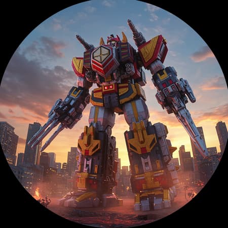 Power Rangers robotic giant battle machine, lifelike detail, captured with high-resolution DSLR camera, fisheye lens perspective, towering presence, intricate mechanical design, dynamic cityscape backdrop, vibrant colors and textures.