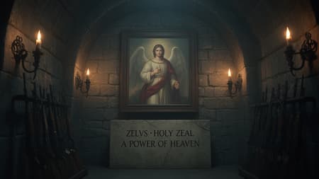 A cinematic 16:9 establishing shot — a still frame from a theatrical short film. The interior of an austere underground refuge compound at night, photographed in the armory chapel — the side chamber where weapons are blessed and consecrated ammunition is stored. Candle and torch illumination, deep shadow, grimdark stone atmosphere.

Shot on an ARRI Alexa Mini with a 35mm lens at f/2.8, the camera positioned at a slight oblique angle, lower and slightly off-center, as if the viewer has just stepped into the chamber from a narrow side doorway. Shallow depth of field — the painting and its inscription are tack sharp; the iron fittings, weapon racks, and shadowed corners of the chamber are rendered in soft focus with volumetric haze.

Mounted on the rough stone wall of a smaller side chapel within a simple dark wood frame (unornamented, a humble frame, not gilt) — the oil painting from @img1 , an altarpiece of the Angelic Power of Holy Zeal. The painting must be rendered as an exact faithful reproduction of @img1 — identical composition, identical figure, identical colors, identical brushwork. Do not reinterpret or alter any element of the painting. The painting on the wall IS @img1 .

Directly below the painting, set into the wall as a base plaque — a rectangular slab of weathered limestone with a carved inscription in chiseled Roman serif capitals, Trajan Imperial Roman style, deeply cut, darkened with age and centuries of smoke patina. Rendered as authentic stonecarving, not typography or engraving. The inscription reads in two centered lines:

ZELVS · HOLY ZEAL
A POWER OF HEAVEN

Only the Latin name ZELVS uses V in place of U per classical Roman inscription convention. A middle dot separator (·) is chiseled between the two. Fine hairline cracks run through the limestone.

The painting and inscription are mounted on the end wall of a smaller rough-hewn stone chamber — the armory chapel. The stonework is rougher here than in the main nave — unpolished blocks with visible chisel marks, heavier and older. The ceiling is lower, vaulted in a heavy barrel arch of dark stone. Wrought-iron sconces hold lit pitch-torches on either side of the painting, their flames larger and more active than candles — casting flickering warm orange light that throws shifting shadows across the stone. Two additional shorter iron stands at the base hold clusters of lit beeswax candles.

Visible in the middle and far background on either side of the painting, receding into heavy shadow — iron racks mounted to the side walls holding sheathed swords, stacked spearheads, and other weapons awaiting blessing. A low stone altar-table sits to one side holding a small wooden box of consecrated ammunition, a bottle of holy oil, and a censer that has gone cold. The implements of weapon consecration. A red-brown leather stole hangs over the back of a chair against the wall.

No kneeler, no flowers — this is a working chamber, not a place of private prayer. The floor is worn flagstone darkened by years of foot-traffic.

The 16:9 frame extends to show glimpses of the iron racks and working implements on either side of the painting. The painting in its frame occupies approximately the upper 60-65% of the vertical height of the 16:9 frame, centered-but-slightly-left-of-frame due to the oblique camera angle. The carved inscription plaque sits directly below it, with the pitch-torches and candle-stands flanking.

Color grading — hot amber-orange torch-light dominant in a wider illuminated zone around the painting, the warm light bouncing off the rough stone walls and catching the iron fittings in the background. This is the warmest of the four spaces because its Power is fire. Deep warm brown-black crushed shadow in the far corners and ceiling vault. The painting's own gold-crimson-black palette harmonizes with the torch-light, almost as if her painted fire bleeds into the chamber. No cool light anywhere. This is deep night in an underground forge-adjacent space.

Heavy volumetric haze mixed with faint smoke from the pitch-torches fills the air, thicker than in other spaces because of the torches. Subtle film grain across the image. Cinematic contrast with severely crushed blacks and protected highlights. The shot must read as a grimdark cinematic still from a theatrical piece — working, utilitarian, tactical, hot — not a photograph of a museum display.

The painting on the wall must be an exact faithful rendering of @img1 .