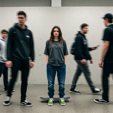 Photography, front view, an artistic image capturing the essence of urban hustle with a single focused female professional model standing still, surrounded by a blurred motion of multiple people walking past her, creating a sense of movement, main model wearing a charcoal grey loose fit T-shirt and denim jogger pants with lime-colored skateboard shoes, surrounding figures in oversized hoodies, jogger pants, and classic sneakers, shot using a Sony α9 II with a Sony FE 100-400mm f/4.5-5.6 GM OSS lens, set in an expansive, minimalistic space with gentle, diffused lighting and a neutral palette that enhances the motion blur effect, main subject remains sharply in focus, contrasting with the fleeting figures around her, emphasizing the theme of stillness within chaos, background features a plain wall with a subtle, textured design to keep focus on the motion effect, embodying a raw yet stylized aesthetic, style setting at 750, in 16:9 aspect ratio.