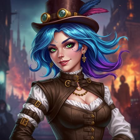 Female steampunk rebel with vibrant blue and purple hair, captivating green eyes, and a cheeky smile. The scene is centered on her breathtaking beauty, with intricate and highly detailed features inspired by artists Carne Griffiths and Conrad Roset. She stands amidst a cinematic, vibrant background, exuding confidence. Her appearance is artistically precise, showcasing comprehensive lineart. The artwork gives a sense of dynamic motion, yet maintains clarity. The design creatively captures her rebellious spirit, while avoiding common artistic errors such as anatomical flaws or unnecessary embellishments. There are no signs of digital artifacts or misplaced elements, presenting a seamless and clean presentation without signatures or watermarks. Female steampunk rebel with vibrant blue and purple hair, captivating green eyes, and a cheeky smile. The scene is centered on her breathtaking beauty, with intricate and highly detailed features inspired by artists Carne Griffiths and Conrad Roset. She stands amidst a cinematic, vibrant background, exuding confidence. Her appearance is artistically precise, showcasing comprehensive lineart. The artwork gives a sense of dynamic motion, yet maintains clarity. The design creatively captures her rebellious spirit, while avoiding common artistic errors such as anatomical flaws or unnecessary embellishments. There are no signs of digital artifacts or misplaced elements, presenting a seamless and clean presentation without signatures or watermarks.