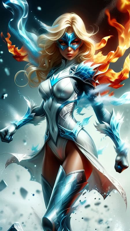 Super-hero, fire and ice,  controller of 2 elements. Tall, athletic, statuesque feminine Caucasian female. Icy blue eyes. Medium length golden blonde hair, volumous with side-parted fluffy bangs. She wears an icy silvery-white super-hero mask over her eyes. 

Form-fitting body suit, sleeveless fiery-red top with silvery-white trim around the arm holes and a high collar, trim is shaped like flames. Diamond shaped cut-out in cleaveage area. Boots are high heeled and also fiery-red,  knee high and tops of boots are also flame shaped. Silver chrome v-shaped belt around her waist, a sheer gossamer silvery white skirt with pieces shaped like icicles composing the shape of the shirt, icy blue crystalline Sheen on some if it. Icy blue long sleeved gloves with same crystalline sheen. She can create flames in one hand, ice in the other. She is a master of both elements, and her moods run hot and cold. Full body pose, flying through the air on wind currents. 
