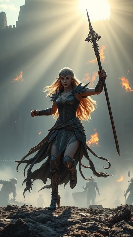 Majestic scale, female warrior, ethereal elf, stunning beauty, epic battle scene, dynamic pose in slow motion, immense power and fierce rage embodying a goddess, intricate and elaborate armor and weaponry, ancient battlefield shrouded in mystery, towering wall of fire in the background, dramatic occlusion, sweeping wide shot from an aerial perspective, dark fantasy aesthetic, sophisticated CGI, profound depth of field, radiant crepuscular rays and striking sunbeams, ultra-realistic, highly detailed, complex and maximalist design, hyperrealistic presentation in the style of Dragon Age, cinematic 3:2 aspect ratio, high-quality rendering.