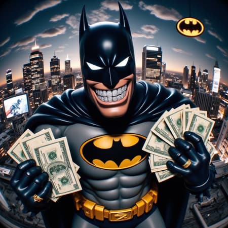 gr!llz, photograph of Batman smiling into the camera, his teeth are encrusted with shiny platinum diamonds and he is holding a huge stack of money up to his ears, the background is the cityscape of Gotham city from a roof top, bat signal in the air behind him
