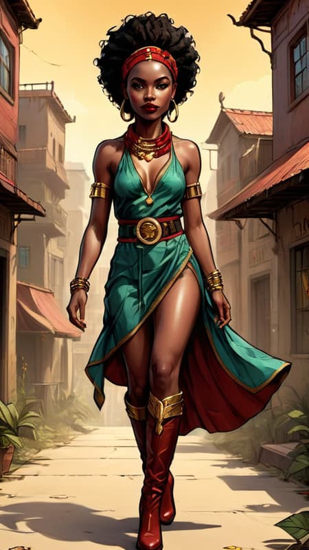 A character for Changeling: The Dreaming, fairytales in modern day times. She is an Eshu, an African faery being. Feminine female wanderer, storyteller, modern vagabond. She has the ability to walk between worlds. If there is a path or trod that will lead to a magical place, she will find it. When she tells a story of faraway places, you can practically see and hear what she describes, no one tells a story like she does. Her dark eyes are starlit, you can almost see the beginning of time in them. 

Tall, slender, lithe but strong and athletic, a dancer's build. Of African descent, her skin is dark brown and smooth. Medium length black hair, curlly and coiled, in an asymmetrical style, braided on one side and falling loosely to the other side of her head.  Beautiful face, high cheekbones and full lips, a model's face. Dark eyes that sparkle with starlight, moderate make-up on eyes with dark red lips. Gold dagger-shaped earrings in her slightly pointed ears and gold bangle bracelets on her arms, as well as a necklace with an emerald around her neck. She wears a beautiful layered silk minidress in African colors of red, black and green with a golden metallic belt around her waist. A long flowing red silk scarf tied around her neck, and red soft suede knee-high boots with medium heels on her feet. When she walks, she leaves a trail of golden glitter in her wake, it comes from her shining golden aura. Wherever she goes, adventure awaits. Full body pose, walking towards some unkown path in the city... 