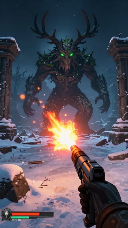 First-person perspective of a player firing a flamethrower at a monstrous, tree-like creature with glowing green eyes and antlers, covered in bark and moss. The creature stands in a snowy, ruin-filled landscape with ancient stone pillars and crumbling walls under a dark, starry night sky. Flames erupt from the flamethrower, illuminating the scene with warm orange and red light, contrasting with the cool blue and white of the snow and sky. Digital art, video game screenshot quality, dramatic lighting, intense and action-packed atmosphere. Health bars are visible in the bottom left.