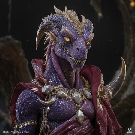 Hyper detailed anthropomorphic Targarian adorned in shimmering attire, Character Concept Art, creative, expressive, intricately detailed, vibrant, stylized anatomy, digital art, 3D rendering, unique design, award-winning quality, Adobe Photoshop, 3D Studio Max, V-Ray, professional craftsmanship, glibatree style, well-developed concept, distinct personality, cohesive style, minimal deformity, complexity, rich with narrative potential, recognizable uniqueness.