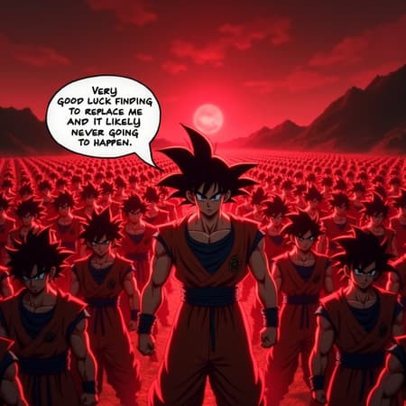 Anime style, full shot of an army of identical Goku clones in Super Saiyan God form, each wearing black and white futuristic combat armor with red scouters. The clones are arranged in precise rows, stretching into the distance. The central clone is slightly closer to the viewer, with a determined expression and a raised fisted arm. Intense red aura emanates from each figure, casting a glowing light. The background is a dark, desolate landscape with mountains under a menacing red sky. A white speech bubble with a black outline originates from the central clone, containing the text: "Very good luck finding someone to replace me, and it is likely never going to happen". Dynamic lighting, high contrast, dramatic atmosphere.
