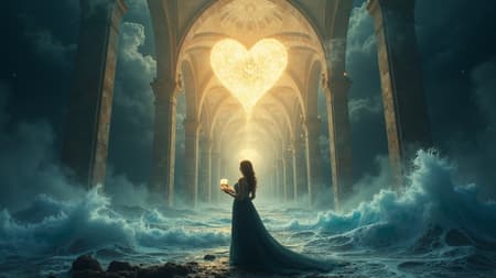 A majestic symphonic fantasy concept art image of a woman standing on the edge of a black ocean beneath a cathedral of storm clouds. The song should appear as visible orchestral power: enormous translucent sound waves rise from the sea like glass tidal walls, each wave etched with glowing musical notes, choir symbols, violin lines, and drumbeat patterns. Behind the woman, a ruined marble stage emerges from the water, covered with broken harps, burning candles, and silver roses trembling from bass resonance. The sky splits open into radiant gold and icy blue light, shaped like a heavenly choir frozen in a crescendo. Her long dark dress moves upward from the sonic pressure, while her hands hold a glowing heart shaped music box leaking streams of sheet music into the wind. The mood should feel tragic, grand, romantic, and overwhelming, balancing beauty and devastation. Use epic scale, cinematic lighting, painterly realism, detailed ocean spray, sacred architecture, visible resonance rings, emotional intensity, and the feeling of an entire symphony becoming a storm around one lonely soul.