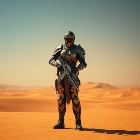 A lone figure stands resolute in the expansive post-apocalyptic desert, a member of a futuristic peacekeeping security force. Clad in intricately forged armor that gleams under the harsh sun, they hold a sleek energy rifle, ready for any challenge that may arise. The backdrop showcases a wide-angle view of endless dunes, bathed in vibrant hues. Their presence exudes a cinematic aura, enhanced by the vividness of HDR, capturing every detail in stunning 8k quality, as they symbolize hope and order in this desolate yet striking landscape.