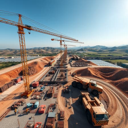 Aerial view of the bustling construction site of the dry port in Drogobich, showcasing cranes lifting steel beams, workers in safety gear coordinating activities, and large earth-moving machinery shaping the landscape, all set against the backdrop of rolling hills under a bright, clear sky. Aerial view of the bustling construction site of the dry port in Drogobich, showcasing cranes lifting steel beams, workers in safety gear coordinating activities, and large earth-moving machinery shaping the landscape, all set against the backdrop of rolling hills under a bright, clear sky.