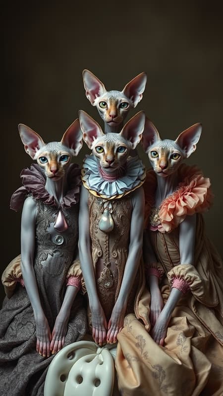 Three elegant hairless sphinx cats posed regally, adorned in opulent, avant-garde costumes reminiscent of a Tim Walker dreamscape, with intricate textures and layered fabrics. They embody the playful yet dramatic essence found in Sacha Goldberger's whimsical artistry, while subtle shadowing and surreal undertones echo the haunting beauty of Nicola Samori's work. The scene is rich with imaginative details, blending fantasy and grandeur, capturing a moment of enchanting allure.
