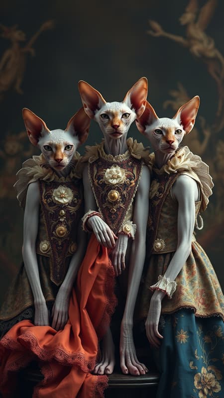 Three hairless sphinx cats posed elegantly, adorned in intricate and fantastical costumes that blend whimsical elements with avant-garde fashion, reminiscent of Tim Walker's surreal photography. Their attire features elaborate textures and vibrant colors, merging historical with imaginative designs. The scene captures Sacha Goldberger's playful and dramatic flair, while drawing inspiration from Nicola Samori's haunting artistry, producing a striking contrast between the cats' delicate features and their opulent garments. Set against a backdrop that enhances their mysterious allure, the atmosphere is both captivating and otherworldly.