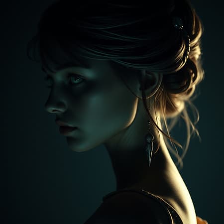 A side profile of an exquisitely detailed game character, portraying an eternal goddess with mesmerizing emerald green eyes. The image captures a serene, dimly lit atmosphere, presented in an ultra-realistic, photorealistic style. The photography style blends the masterful touch of Irving Penn and Annie Leibovitz, with expert retouching inspired by Pratik Naik. The figure is depicted with great intricacy, every detail meticulously crafted, conveying a sense of timeless grace and divine presence. The composition maintains an aspect ratio of 9:16, bringing a cinematic quality to the visual narrative.