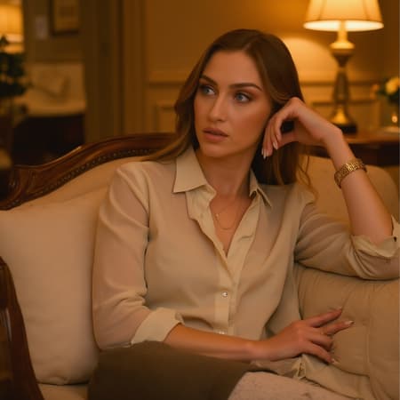 A woman lounges gracefully on a sumptuous sofa in her inviting living room, her eyes meeting the viewer's with an enticing blend of poise and allure. Her light blue eyes shimmer like gemstones in the soft, golden light enveloping the room. She leans on one elbow, her fingers resting gently on her abdomen as she nestles into the cushions. The sheer fabric of her fitted button-down blouse subtly emphasizes her curves, with a few buttons parted to hint at her cleavage. An elegant gold bangle graces her wrist, adding a touch of chic sophistication to the scene. As the evening sun retreats beyond the horizon, the room is suffused with a warm, intimate glow, creating an atmosphere of secluded elegance shared only between the woman and the viewer. aidmarealisticpeoplephotograph.
