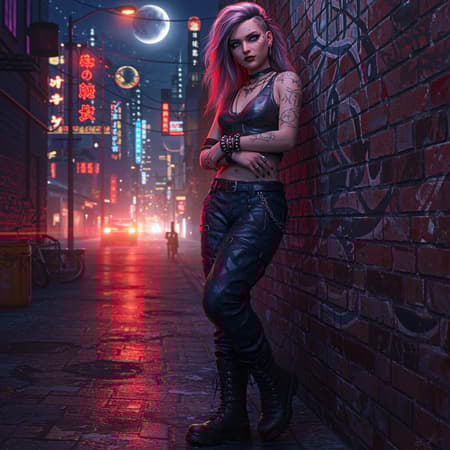 A cyberpunk woman stands confidently against a brick wall adorned with graffiti on a bustling cyberpunk city street at night, illuminated by vibrant city lights. The moon and stars cast a soft glow over the scene, complementing the colored lighting that highlights her detailed, symmetrical face. She sports long, flowing hair, though a portion is styled short, adding to her rebellious alt girl appearance. Her reflective eyes, accentuated by striking makeup, peer out with a hint of scowl. Her ears are adorned with multiple piercings, and many rings embellish her fingers. Dramatic rim and chiaroscuro lighting lend an atmospheric depth as the professional brushstrokes of impressionism oil painting merge influences from Waterhouse, John Constable, and Studio Ghibli with the modern touches of Jeremy Mann. Her ensemble features long sleeves and bracelets, and her muddy boots bear witness to the urban terrain. The artwork strikes a balance between intricate detail and high drama, echoing the styles of Atey Ghailan, Greg Manchess, and Antonio Moro. The image is trending on platforms like ArtStation and CGSociety, showcasing a blend of classic and contemporary artistry akin to the dreamy realms of Makoto Shinkai's Kyoto, yet firmly grounded in the cyberpunk realm. A cyberpunk woman stands confidently against a brick wall adorned with graffiti on a bustling cyberpunk city street at night, illuminated by vibrant city lights. The moon and stars cast a soft glow over the scene, complementing the colored lighting that highlights her detailed, symmetrical face. She sports long, flowing hair, though a portion is styled short, adding to her rebellious alt girl appearance. Her reflective eyes, accentuated by striking makeup, peer out with a hint of scowl. Her ears are adorned with multiple piercings, and many rings embellish her fingers. Dramatic rim and chiaroscuro lighting lend an atmospheric depth as the professional brushstrokes of impressionism oil painting merge influences from Waterhouse, John Constable, and Studio Ghibli with the modern touches of Jeremy Mann. Her ensemble features long sleeves and bracelets, and her muddy boots bear witness to the urban terrain. The artwork strikes a balance between intricate detail and high drama, echoing the styles of Atey Ghailan, Greg Manchess, and Antonio Moro. The image is trending on platforms like ArtStation and CGSociety, showcasing a blend of classic and contemporary artistry akin to the dreamy realms of Makoto Shinkai's Kyoto, yet firmly grounded in the cyberpunk realm.