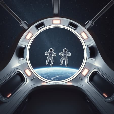 A minimalist and futuristic 80s-inspired scene depicting two astronauts floating in zero gravity, viewed from above. They hover amidst a sleek, modern spacecraft design, characterized by an open circular hatch flanked by large black wheels and clusters of small, bright lights. The backdrop reveals a vast starry night sky, evoking the expansive beauty and mystery of space. This composition, reminiscent of John Berkey's style, captures a sense of wonder and exploration.