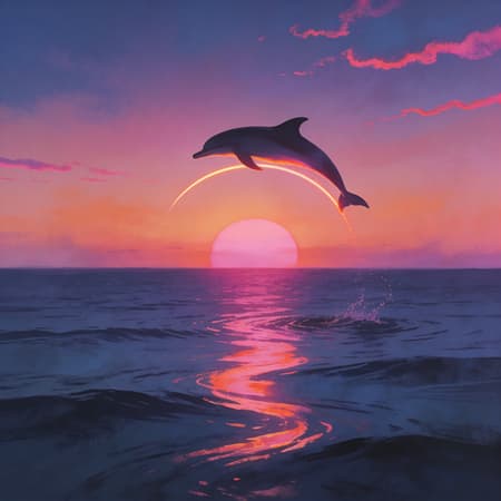 Dolphin Leaping Over Sunset Ocean A semi-realistic stylised digital painting of a vast open ocean at sunset, viewed from a wide cinematic perspective. The sea stretches endlessly in every direction, calm and glasslike, with only subtle ripples disturbing the surface. A deep pink sun has just begun to dip below the horizon, its lower edge touching the distant waterline, casting an immense shimmering reflection of rose, magenta, and warm coral light across the ocean toward the viewer like a glowing river of liquid color. The sky transitions through layered gradients of saturated pink, peach, soft orange, mauve, and fading violet into deep twilight blue above. Thin atmospheric clouds drift across the sky, their edges illuminated with vivid pink highlights from the setting sun.
In the middle distance, perfectly aligned with the glowing setting sun, a sleek dolphin leaps gracefully out of the ocean, silhouetted dramatically against the radiant pink solar disc. Its curved body arcs directly above the sun as though suspended within the glowing horizon light, creating a striking focal moment while still preserving the immense scale of the surrounding ocean and sky. Subtle rim lighting from the sunset traces along the dolphin’s smooth form with soft coral and magenta highlights. Gentle splashes and ripples spread outward where it breaks the calm water surface below.
The composition should feel peaceful, melancholic, and dreamlike, with an emphasis on atmosphere, lighting, and scale. The ocean reflects both the intense pink sunlight and cooler twilight blues and purples, creating rich color contrast across the calm surface. Gentle haze softens the horizon line, enhancing depth and distance. Painterly textures and stylised brushwork should blend realism with artistic interpretation, evoking quiet isolation, stillness, and emotional introspection.
