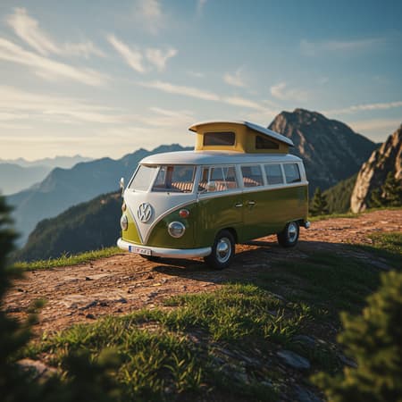 A high-detail 3D logo icon depicting a classic kombi van set against a breathtaking landscape, embodying the spirit of adventure in realistic RAW color art. The design features intricate graphic details that enhance its dynamic presence, captured in stunning 8k resolution, perfect for conveying a sense of wanderlust and exploration.