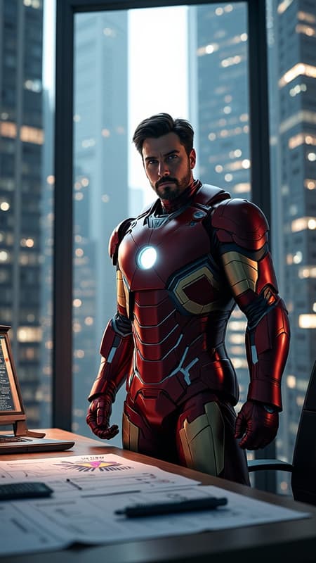 A realistic depiction of Ironman reimagined as a savvy businessman, standing confidently in a sleek, modern office surrounded by towering skyscrapers. Dramatic lighting casts bold shadows across his face, highlighting his intense focus and determination. The polished metal of his suit gleams subtly under the ambient city lights filtering through floor-to-ceiling windows, reflecting his dual identity as a hero and a corporate mogul. Strategic plans and blueprints are scattered across the desk, while digital screens display stock market data, embodying his innovative spirit and business acumen.