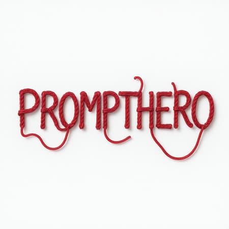 A minimalist design features the word "PROMPTHERO" crafted from a continuous red rope against a pristine white background. The rope winds and curves intricately, forming seamless letterforms. The negative spaces within the loops intricately define each letter, symbolizing connection and resilience. The composition, though simple, is rich in detail and exudes elegance. This design conveys a unique portrayal of unity and strength through the art of intricate knots, maintaining a creative brilliance that resonates with an interpretation of love.