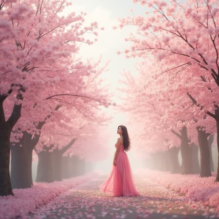 A breathtaking landscape of cherry blossoms, featuring delicate pink flowers that evoke a sense of calm and beauty. The scene exudes serenity and peace, perfectly contrasting with the vibrant elegance of the woman standing in the foreground. The setting is enveloped in a natural, almost ethereal light that accentuates the gentle sway of the blossoms. Incorporating subtle creative elements, the depiction remains true to essence, emphasizing beauty and tranquility amidst a harmonious backdrop.
