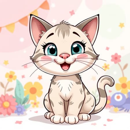 Adorable cartoon cat with bright eyes and a big smile, posing playfully towards the viewer, set in a vibrant and whimsical vector illustration backdrop with soft colors and playful elements.
