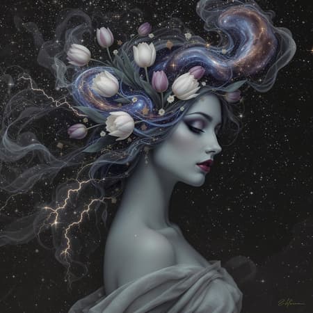 A gentle woman adorned with blooming tulips in her flowing hair, surrounded by swirling galaxy smoke fractals, where elegant botanical elements intertwine with dynamic motion. Glittering stars embellish the scene, while flashes of lightning embers spark to life against a backdrop of a mystical night sky. Inspired by the artistry of Raphael, Caravaggio, and Bastien Lecouffe-Deharme, the composition is a blend of surrealism, evoking a sense of dreamy, haunting beauty and moody ambiance.