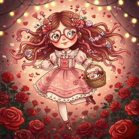 Scene Day Girl Artwork A whimsical scene featuring the personification of Valentine's Day as an adorable girl with heart-shaped glasses and rosy cheeks, draped in a dress adorned with delicate lace and pink-and-red motifs. Her hair flows like ribbons, adorned with small blossoms and candy hearts, and she holds a basket filled with love letters and chocolates. Her playful smile is infectious, and she gracefully glides through a romantic setting filled with blooming roses and fairy lights, spreading warmth and kindness.