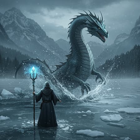 A hyper-realistic image capturing the dramatic scene of a water dragon breaking through the ice on a frozen lake. The atmosphere is moody and epic, as a mysterious robed wizard with a round hood stands poised, wielding a large, ornate staff that emanates powerful magical energy, reminiscent of Raistlin Majere’s own. Ice shards scatter as the majestic water dragon makes its grand entrance, its scales glistening with droplets of water. The environment features a muted color palette, with misty mountains and a brooding sky forming the backdrop, adding to the somber yet intense magic of the moment. The scene is depicted with stunning clarity, every detail in sharp focus, from the texture of the dragon’s scales to the intricate designs on the wizard’s staff, creating a vivid and immersive experience. A hyper-realistic image capturing the dramatic scene of a water dragon breaking through the ice on a frozen lake. The atmosphere is moody and epic, as a mysterious robed wizard with a round hood stands poised, wielding a large, ornate staff that emanates powerful magical energy, reminiscent of Raistlin Majere’s own. Ice shards scatter as the majestic water dragon makes its grand entrance, its scales glistening with droplets of water. The environment features a muted color palette, with misty mountains and a brooding sky forming the backdrop, adding to the somber yet intense magic of the moment. The scene is depicted with stunning clarity, every detail in sharp focus, from the texture of the dragon’s scales to the intricate designs on the wizard’s staff, creating a vivid and immersive experience.