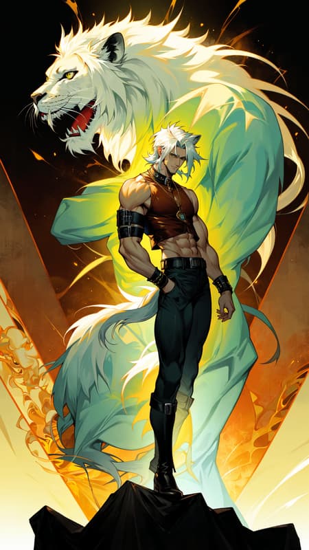 Heavy Metal, Hard Rock, Sci-Fi, superhero. A (((human))) rock star from another world with lion-like eyes, a long white lion's tail, and wild white hair. Caucasian male, human man, young man. He is really tall and strong,, and he roars loud enough to be heard blocks away. He runs at high speed, can jump really high, and has sharp claws on the ends on his fingers.
Tall, strong, muscular, big muscles, wide back and chest, sinewy, narrow waist, strong powerful legs. His face is a normal human face, but he has yellow lion's eyes. Handsome manly masculine face with strong brow and jaws. A full white Beard and mustache. His hair is a long wild bob, shorter in the sides and back, longer on top, some hair falling over his eyes, and thick white sudeburns. He wears a Scarlet red leather vest, open to reveal his chest. A heavy gold chain around his neck with a Leo zodiac sign pendant. Black leather bands around the tops of his biceps, and black leather bracers around his forearms. Form-fitting white tights with red claw mark designs down the sides of the legs. A heavy studded black leather belt around his waist, and knee-high red leather boots. He is a friend and Ally to all cats, and has a special affinity for wildcsts. Full body pose, probably playing an electric guitar. Heavy Metal, Hard Rock, Sci-Fi, superhero. A (((human))) rock star from another world with lion-like eyes, a long white lion's tail, and wild white hair. Caucasian male, human man, young man. He is really tall and strong,, and he roars loud enough to be heard blocks away. He runs at high speed, can jump really high, and has sharp claws on the ends on his fingers.
Tall, strong, muscular, big muscles, wide back and chest, sinewy, narrow waist, strong powerful legs. His face is a normal human face, but he has yellow lion's eyes. Handsome manly masculine face with strong brow and jaws. A full white Beard and mustache. His hair is a long wild bob, shorter in the sides and back, longer on top, some hair falling over his eyes, and thick white sudeburns. He wears a Scarlet red leather vest, open to reveal his chest. A heavy gold chain around his neck with a Leo zodiac sign pendant. Black leather bands around the tops of his biceps, and black leather bracers around his forearms. Form-fitting white tights with red claw mark designs down the sides of the legs. A heavy studded black leather belt around his waist, and knee-high red leather boots. He is a friend and Ally to all cats, and has a special affinity for wildcsts. Full body pose, probably playing an electric guitar.