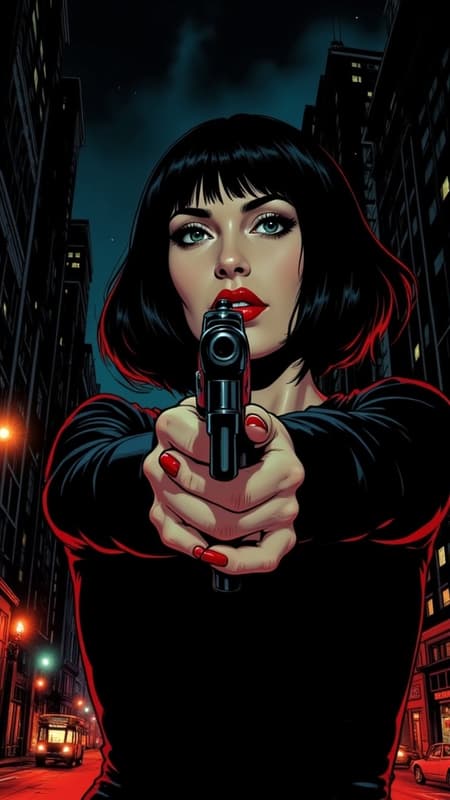 Beauty,realism,chiaroscuro,cinematic quality,rays of light,play of shadow and light,
A noir-style comic book scene featuring a striking femme fatale with bold, red lipstick and matching nails, holding a gun pointed directly at the viewer. Her sharp bob haircut and intense expression exude confidence and danger. The setting is a dark city at night, with tall buildings and glowing streetlights in the background, adding to the urban, gritty atmosphere. The color palette is mostly black and white, with only the red accents standing out vividly, creating a dramatic contrast. The scene is filled with tension, evoking a sense of mystery and high-stakes action. Beauty,realism,chiaroscuro,cinematic quality,rays of light,play of shadow and light,
A noir-style comic book scene featuring a striking femme fatale with bold, red lipstick and matching nails, holding a gun pointed directly at the viewer. Her sharp bob haircut and intense expression exude confidence and danger. The setting is a dark city at night, with tall buildings and glowing streetlights in the background, adding to the urban, gritty atmosphere. The color palette is mostly black and white, with only the red accents standing out vividly, creating a dramatic contrast. The scene is filled with tension, evoking a sense of mystery and high-stakes action.