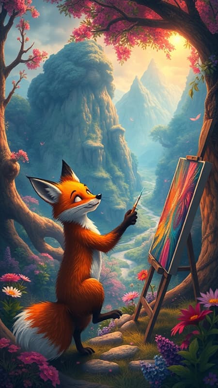 A joyful and animated fox energetically paints a breathtaking landscape filled with vibrant, dazzling colors and intricate, delicate details. The scene is reminiscent of a Studio Ghibli masterpiece and bears the enchanting touch of Bastien Lecouffe-Deharme, set within a whimsical and lush fantasy forest. The atmosphere is one of magical realism, capturing the fox's artistic spirit and the forest's serene beauty, as if in perpetual harmony.
