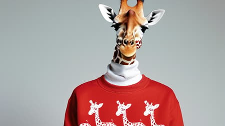 Brilliant Cute Giraffe, Sultan, the Sultan is dressed in Sweatshirt, his Sweatshirt is Red and White, It has Giraffe adornments on it, Yoh Nagao, Calotype, portrait art by Thomas Nast
