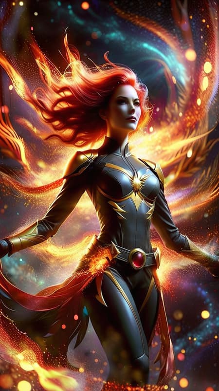 Phoenix/Jean Grey in her Phoenix costume, but it's dark black with metallic gold, a golden fiery falcon symbol on the front of her costume,  the sash around her waist blowing in the cosmic winds. She is surrounded by her fiery Phoenix raptor/falcon aura, she is within the firebird . Her eyes are lit up like stars. Her hair is beautiful red flames, flaring out. Full body pose. She is in space, on the edge of a galaxy. 