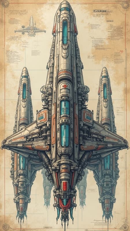 Sketched blueprint of an enormous futuristic sci-fi spacecraft featuring intricate warp engines, adorned with detailed formulas and annotations. Each section is methodically illustrated, reflecting the golden ratio, with imaginative elements adding depth. Crafted in a style reminiscent of trending Pixiv Fanbox with the textured vibrant strokes of an acrylic palette knife. Blending the ethereal and detailed landscapes of Makoto Shinkai, the enchanting aesthetics of Studio Ghibli, and the fantasy allure of Genshin Impact. Highlighted by the bold, graphic touches of James Gilleard, the dreamlike surrealism of Chiho Aoshima, and the detailed whimsy of Greg Rutkowski. The overall composition is a harmonious fusion of fantasy and science, capturing a vision of the future that is both imaginative and meticulously designed.