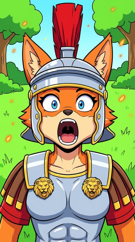 Anthropomorphic fox character, female, wearing Roman legionary armor with a red plumed helmet and lion emblems, looking shocked and screaming with mouth wide open, blue eyes. Anime style with bold black outlines and flat colors, cartoon art. Bright, even lighting, daytime mood. Vibrant colors, green grass background with trees and small glowing embers floating in the air. Close-up, bust shot, centered composition.