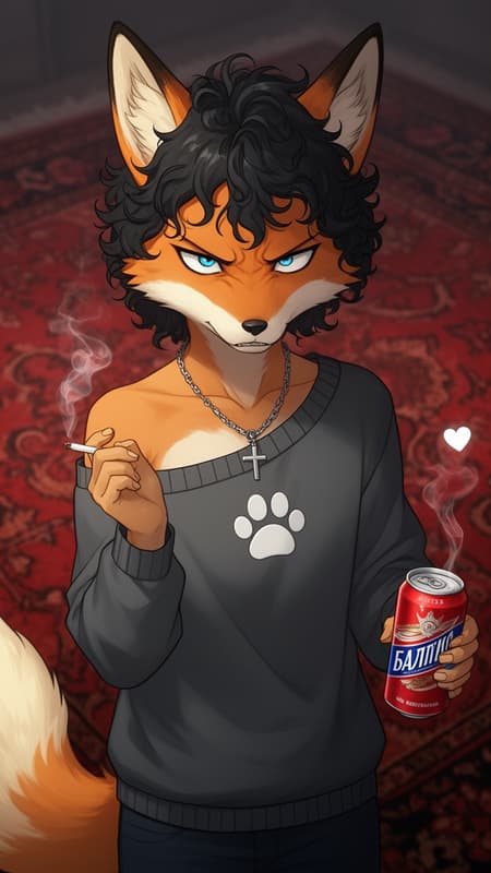 Anime style, anthropomorphic fox with orange fur and black curly hair, blue eyes, angry expression, wearing a dark gray off-the-shoulder sweater with a white paw print, a silver cross necklace, holding a lit cigarette in one hand and a red "Балтика" beer can in the other, smoke wisps with a small white heart, fluffy cream-colored fox tail, red patterned rug background, soft lighting, moody atmosphere.